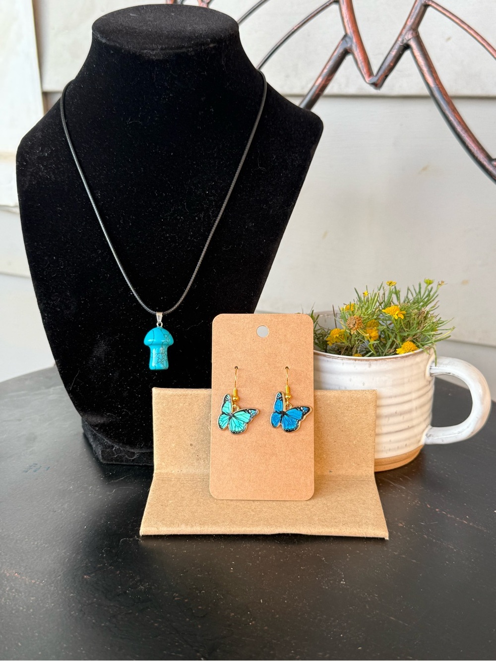 Turquoise Mushroom Pendant Necklace & Blue Butterfly Earrings Set
